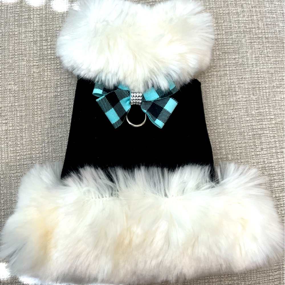 Susan Lanci Faux Fur Lining with Blue Nouveau Bow (XS)